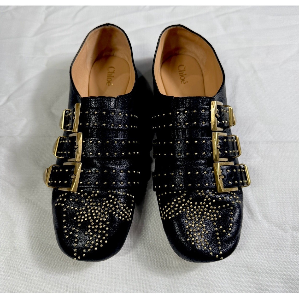 Chloe Susan Flats Black Studded Buckle Leather Shoes 39.5 Designer Eu Or 9 Us